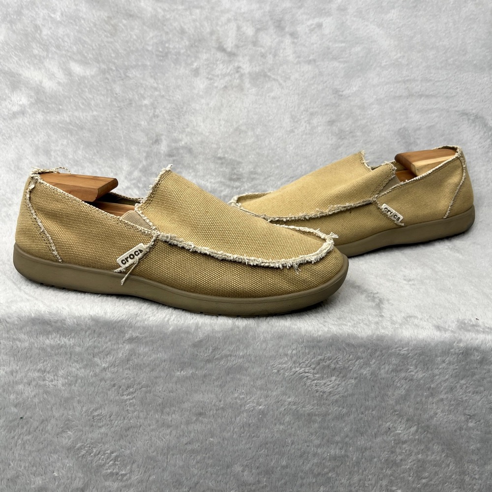 Crocs Santa Cruz Canvas Slip On Loafers Size 12 Khaki Mens Casual Coastal Shoes